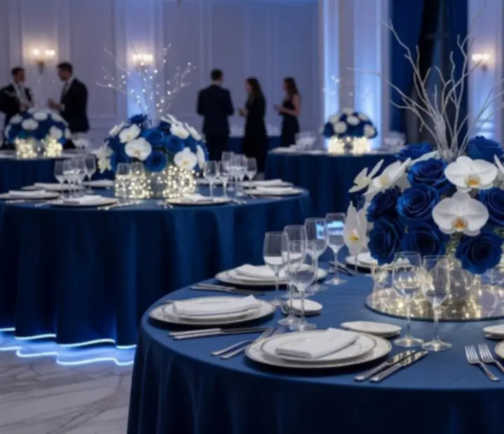 Décoration d'événement premium avec éclairages et tables d'animation élégantes