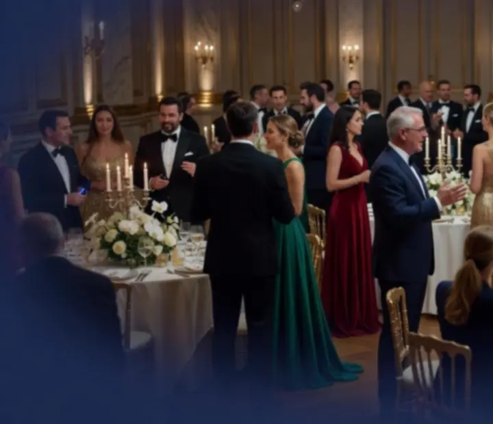 Ambiance de soirée événementielle élégante avec invités et animations de table