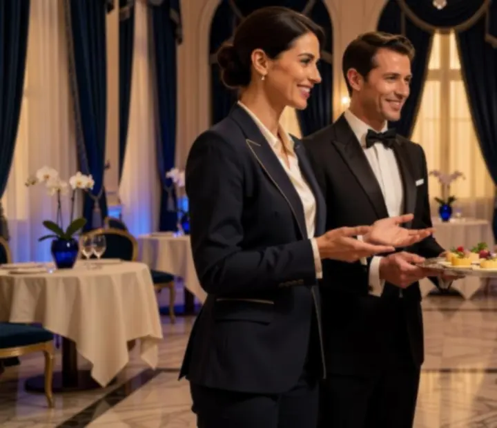 Hôtes et hôtesses professionnels accueillant les invités lors d’une réception