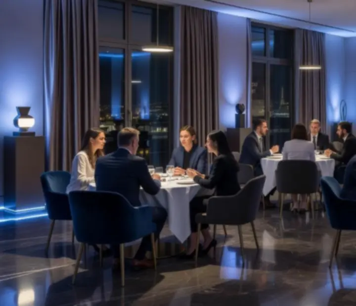 Réception privative chaleureuse avec invités d’entreprise en discussion