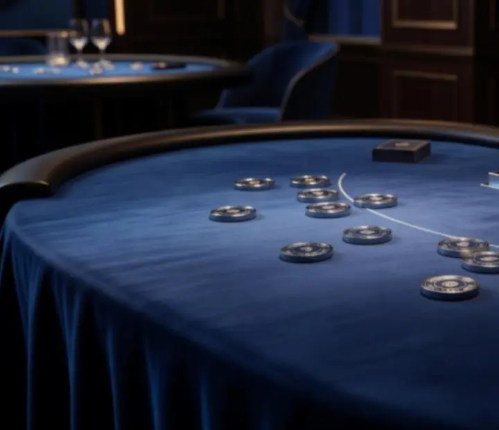Table de blackjack événementielle avec décor bleu profond et jetons